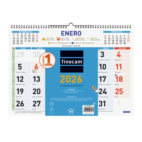 Finocam Calendario de Pared - Anual 2026 - Espacio para Escribir - Formato L - 430x10x310mm - Numeros Grandes - Color Azul y Blanco