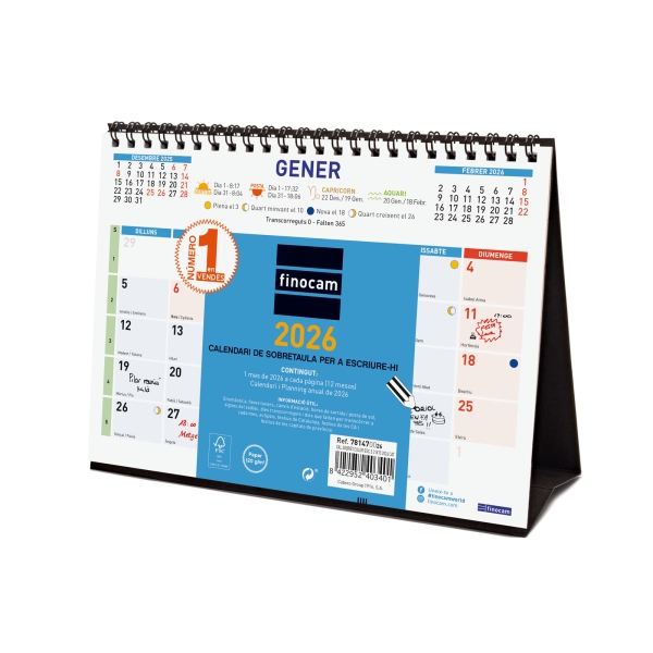 Finocam Calendario de Sobremesa en Catalan - Anual 2026 - Formato S - 210x70x155mm - Espacio para Escribir - Color Azul y Blanco