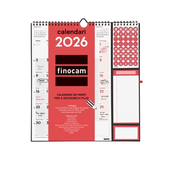Finocam Calendario de Pared en Catalan - Anual 2026 - Anilla Portaboligrafo - 300x11x335mm - Espacio para Escribir - Color Blanco y Rojo