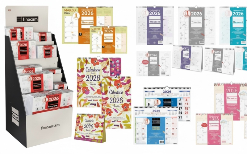Finocam Expositor de Pie con 169 Calendarios Neutros Surtidos - Anual 2026 - Estructura de Carton - Color Surtidos