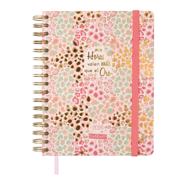 Finocam Talkual Agenda de Espiral - Anual 2026 - Tapa Dura - Cierre de Goma - Formato 1/4 - 155x217mm - Semana Vista Horizontal - Tematica de Estampado Oro