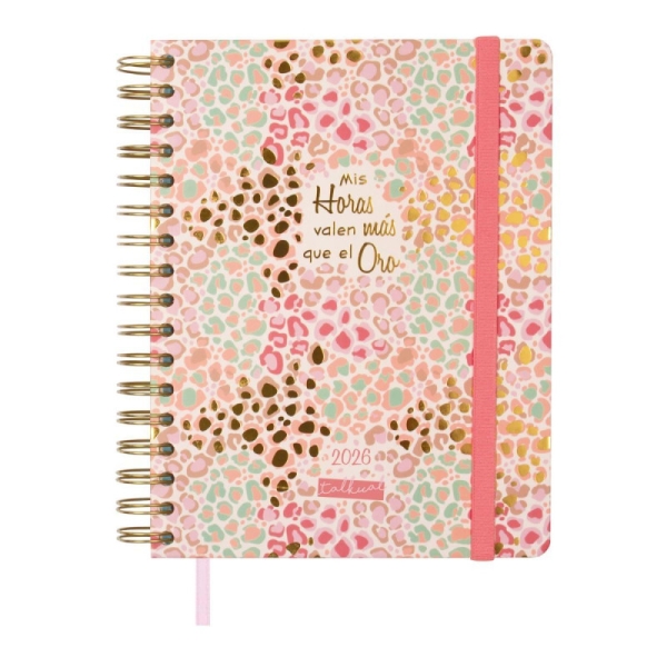 Finocam Talkual Agenda de Espiral - Anual 2026 - Tapa Dura - Cierre de Goma - Formato 1/4 - 155x217mm - 1 Dia por Pagina - Tematica de Estampado Oro