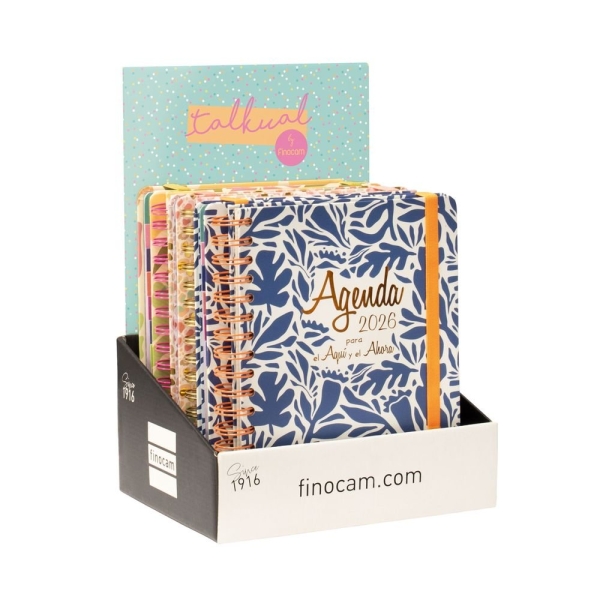 Finocam Talkual Expositor con 6 Agendas de Espiral Surtidas - Anual 2026 - Tapa Dura - Cierre de Goma - Color Surtidos