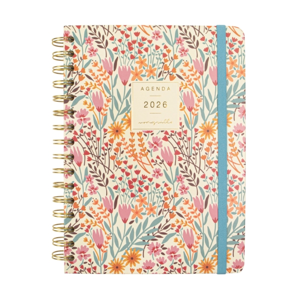 Finocam Moniquilla Agenda de Espiral - Anual 2026 - Planificador - Cierre de Goma - Formato E10 - 155X212mm - Semana Vista Horizontal - Tematica de Flores