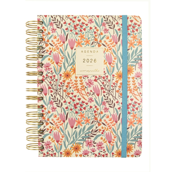 Finocam Moniquilla Agenda de Espiral en Catalan - Anual 2026 - Planificador - Cierre de Goma - Formato E10 - 155X212mm - 1 Dia por Pagina - Tematica de Flores