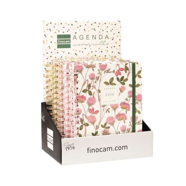 Finocam Moniquilla Expositor con 8 Agendas de Espiral Surtidas - Anual 2026 - Planificador - Cierre de Goma - Formato E10 - Color Surtidos