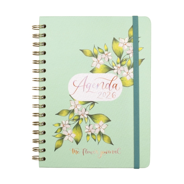 Finocam Flower Journal Agenda de Espiral en Catalan - Anual 2026 - Tapa Dura - Cierre de Goma - Formato E10 - 155X212mm - Semana Vista Horizontal - Color Verde