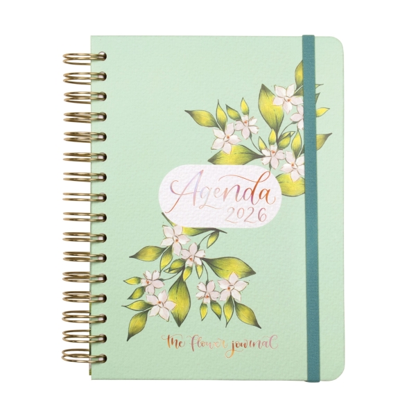 Finocam Flower Journal Agenda de Espiral - Anual 2026 - Tapa Dura - Cierre de Goma - Formato E10 - 155X212mm - 1 Dia por Pagina - Color Verde