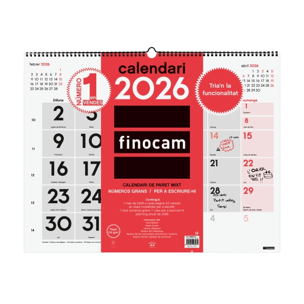 Finocam Calendario de Pared en Catalan - Anual 2026 - Espacio para Escribir - Formato XL - 540x5x430mm - Numeros Grandes - Color Blanco y Rojo