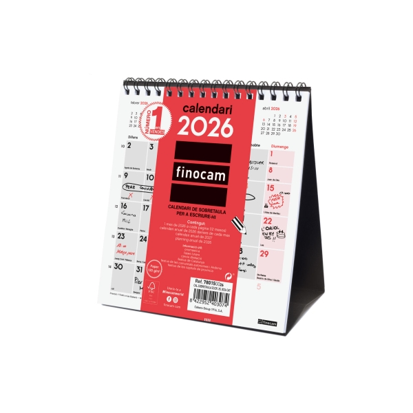 Finocam Calendario de Sobremesa en Catalan - Anual 2026 - 140x70x155mm - Espacio para Escribir - Color Blanco y Rojo