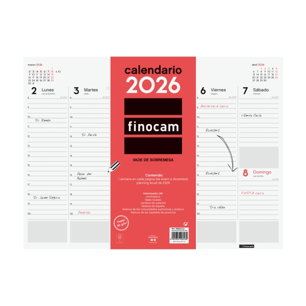 Finocam Vade Protector de Escritorio - Anual 2026 - Encolado - 420x7x310mm - Semana Vista en Vertical - Color Blanco y Rojo