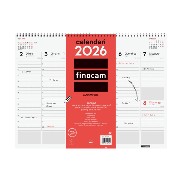 Finocam Vade Calendario de Sobremesa en Catalan - Anual 2026 - con Espiral - 420x8x320mm - Semana Vista en Vertical - Color Blanco y Rojo