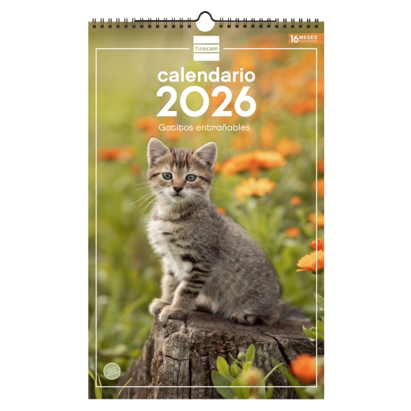 Finocam Calendario de Pared - Anual 2026 - Imagenes Variadas - con Espiral - Espacio para Escribir - Tematica de Gatos