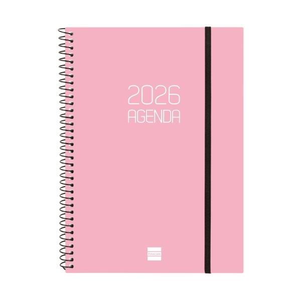 Finocam Opaque Agenda de Espiral - Anual 2026 - Tapa Ligera - Cierre con Goma Elastica - Formato E10 - 162x14x212mm - Semana Vista Horizontal - Color Rosa