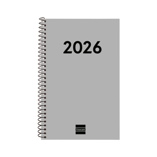 Finocam Espiral Recambio Anual 2026 para Agendas Duo - Anual 2026 - Formato E5 - 125x14x181mm - Semana Vista Horizontal - Color Gris