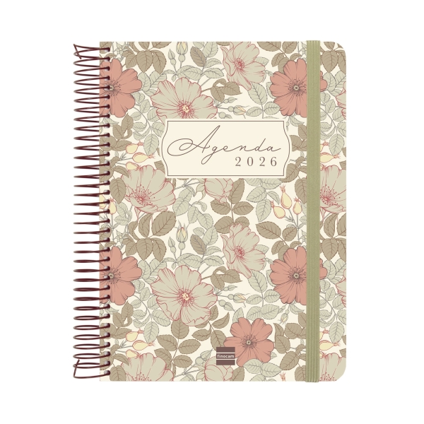 Finocam Cloe Agenda de Espiral - Anual 2026 - Planificador - Cierre de Goma - Formato E10 - 175x28x214mm - 1 Dia por Pagina - Color Marron