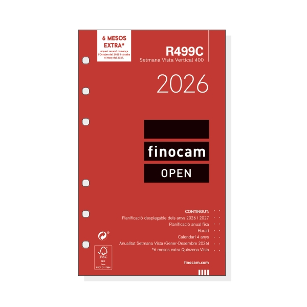 Finocam R499C Recambio Anual 2026 para Agendas Open 2026 en Catalan - Formato 400 - 91x8x152mm - Semana Vista en Vertical - Color Blanco