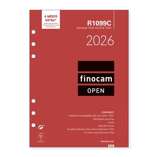 Finocam R1099C Recambio Anual 2026 para Agendas Open 2026 en Catalan - Formato 1000 - 155x7x215mm - Semana Vista en Vertical - Color Blanco