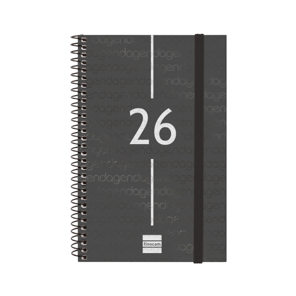 Finocam Year Agenda de Espiral - Anual 2026 - Tapa Ligera - Formato E5 - 125x14x181mm - Semana Vista Horizontal - Color Negro