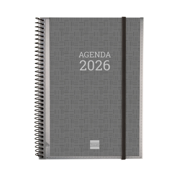 Finocam Basics Agenda en Catalan - Anual 2026 - con Espiral - Personalizable - Formato E10 - 162x14x212mm - Semana Vista Horizontal - Color Gris