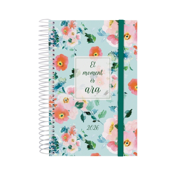 Finocam Design Collection Agenda de Espiral en Catalan - Anual 2026 - Tapa Ligera - Formato E5 - 132x25x181mm - 1 Dia por Pagina - Tematica de Flores