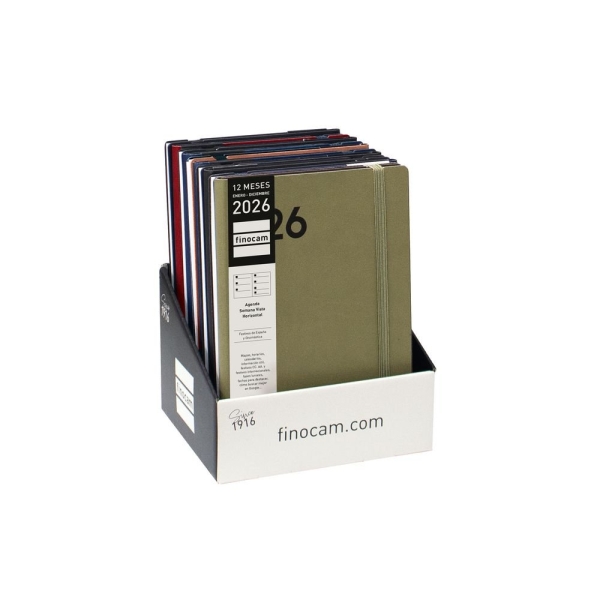 Finocam Dynamic Mara Expositor con 10 Agendas Surtidas - Anual 2026 - Tapa Blanda - Cierre con Goma Elastica - Formato Y10 - Semana Vista Horizontal - Color Surtidos