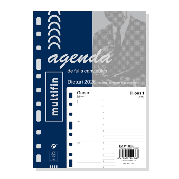 Finocam Recambio Anual 2026 para Agenda en Catalan - Multiusos - Formato 3002 - 155x17x215mm - 1 Dia por Pagina - Color Blanco