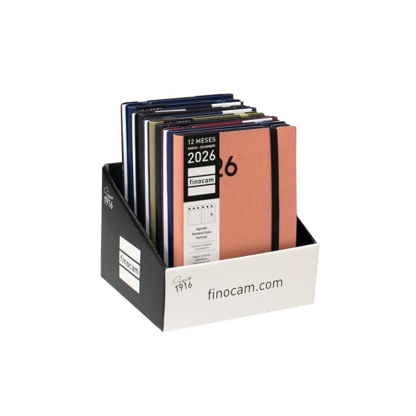 Finocam Dynamic Mara Expositor con 10 Agendas Surtidas en Catalan - Anual 2026 - Tapa Blanda - Cierre con Goma Elastica - Formato Y4 - Semana Vista en Vertical - Color Surtidos