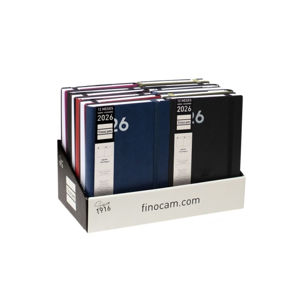 Finocam Dynamic Mara Expositor con 12 Agendas Surtidas - Anual 2026 - Tapa Blanda - Cierre con Goma Elastica - Formato Y10 - 1 Dia por Pagina - Color Surtidos