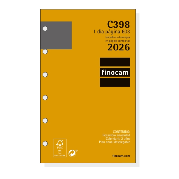 Finocam C398 Recambio para Agendas Classic - Anual 2026 - Hojas Microperforadas - Formato 603 - 79x18x127mm - 1 Dia por Pagina - Color Blanco