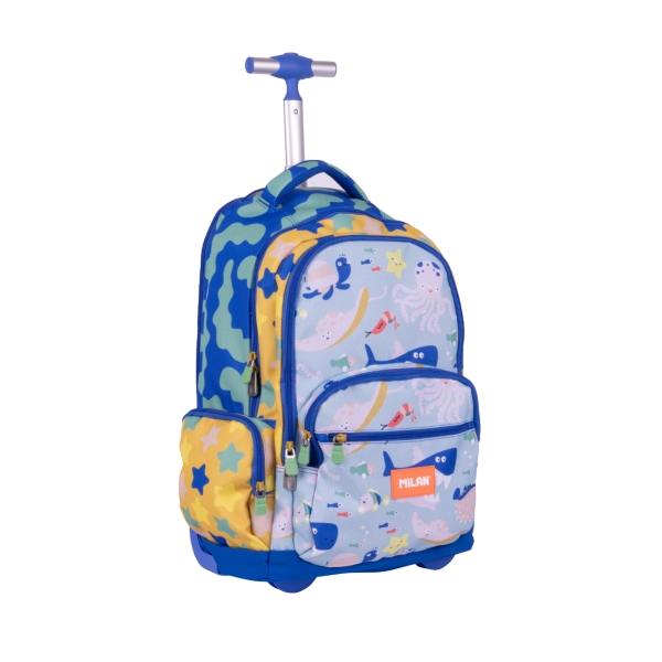 Milan Blue Odyssey Mochila Escolar 25L con Carro Integrado y Mango Metalico Retractil - 3 Bolsillos Delanteros - 2 Bolsillos Laterales - 6 Cremalleras - 46.5x30x17cm - Color Azul