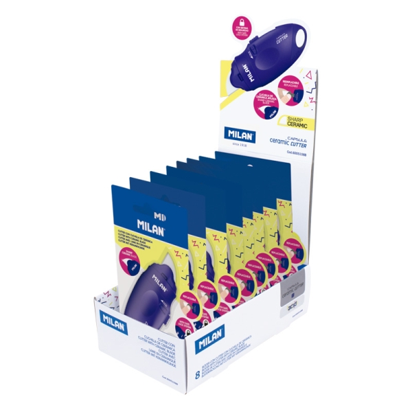 Milan Capsule Acid Expositor con 8 Blisters de Cuters - Hoja Ceramica Reemplazable - Bloqueo de Seguridad - Ergonomico - Color Azul