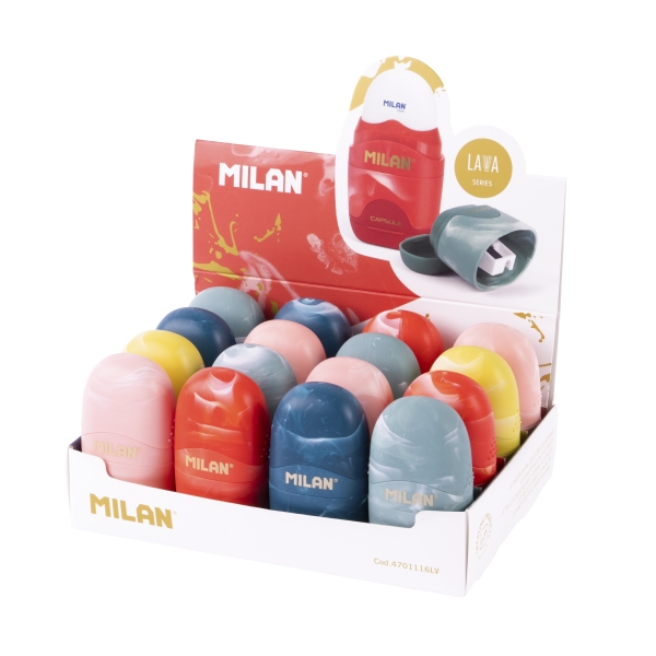 Milan Capsule Lava Expositor con 16 Afilaborras - Goma Miga de Pan - Deposito Integrado - Cuchilla de Acero de Seguridad - Colores Surtidos