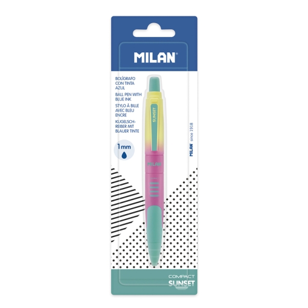 Milan Compact Sunset Blister con 1 Boligrafo de Bola Retractil - Tinta Azul - Punta Redonda 1mm - Colores Surtidos