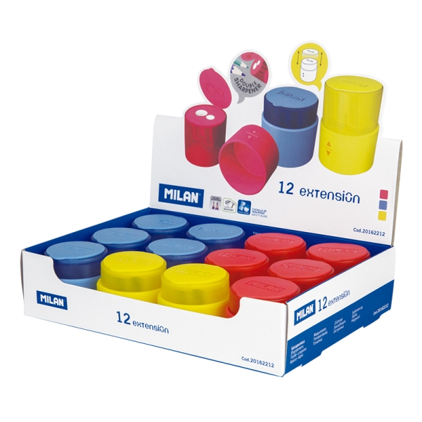 Milan Extension Expositor con 12 Sacapuntas Doble - Regular y Maxi - Deposito Integrado - Cuchilla de Acero de Seguridad - Colores Surtidos