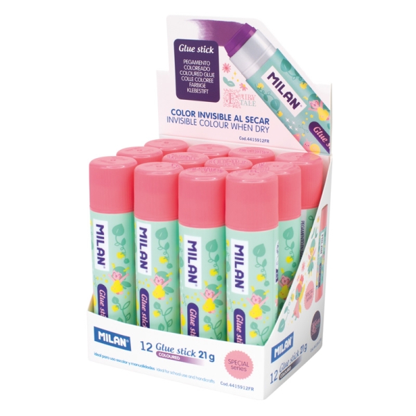 Milan Fairy Tale Expositor con 12 Barras de Pegamento 21g - Multiusos - Multisuperficies - Sin Disolventes - Uso Escolar - Color Violeta