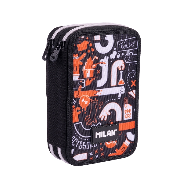 Milan Fingers Plumier de 2 Pisos con Regla - Sacapuntas - Gomas de Borrar - Lapices de Grafito y de Colores - Rotuladores - Boligrafo Azul - 19.5x13x5cm - Color Naranja