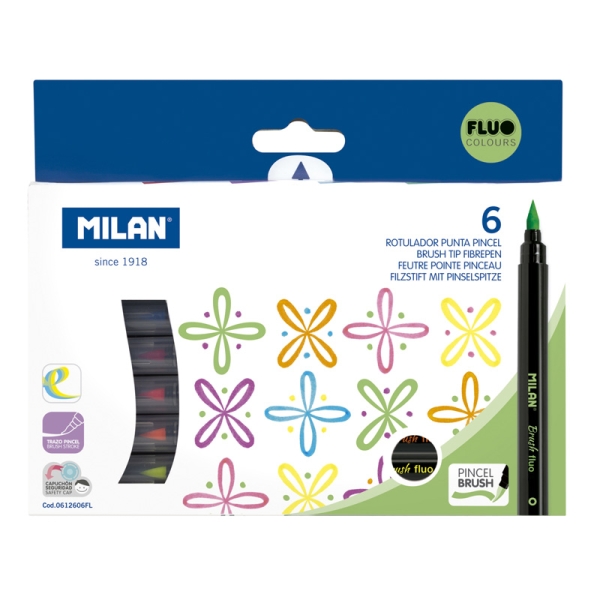 Milan Fluo Pack de 6 Rotuladores Punta Pincel Colores Fluo - Tinta al Agua - Punta de Pincel 0.5 a 6mm - Colores Fluorescentes Surtidos