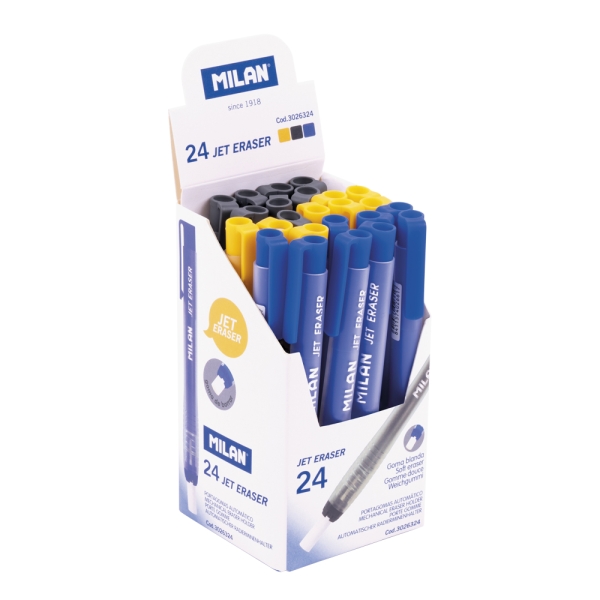 Milan Jet Eraser Expositor con 24 Portagomas Automaticos - Redondo - Colores Surtidos