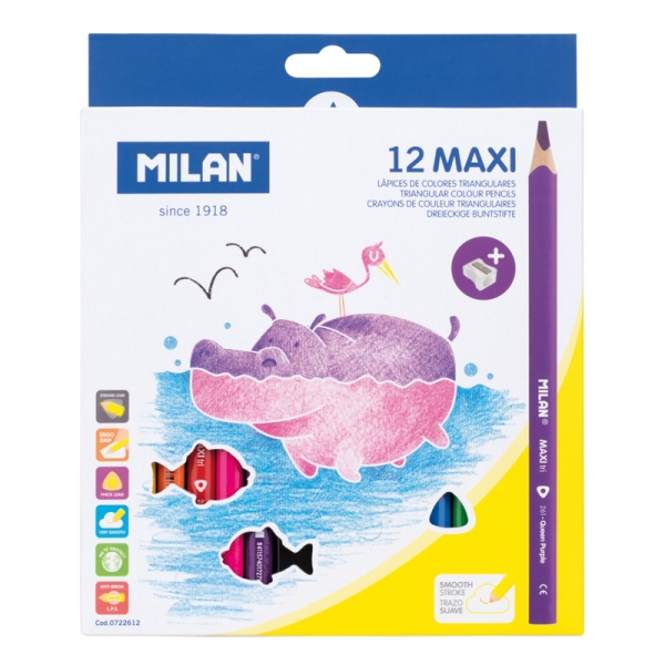 Milan Maxi Pack de 12 Lapices de Colores - Incluye Sacapuntas - Hexagonales - Colores Surtidos