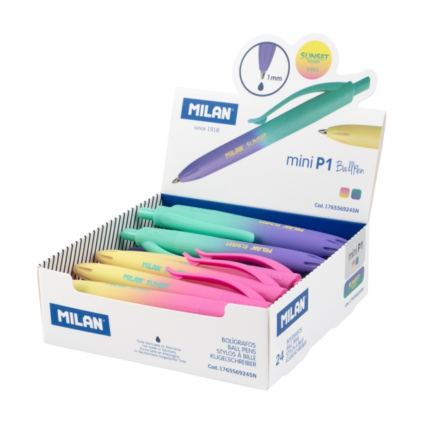 Milan Mini P1 Sunset Expositor con 24 Boligrafos de Bola Retractiles - Punta Redonda 1mm - Tinta Azul - Colores Surtidos