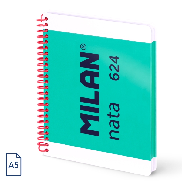 Milan Nata 624 Cuaderno A5 con Espiral - Papel a Lineas de 7mm - 80 Hojas de 95g - Tapa Dura - Color Verde