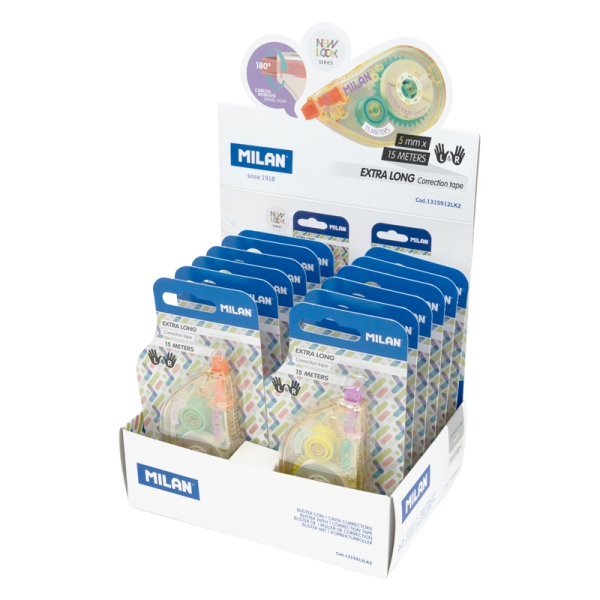 Milan New Look Expositor con 12 Blisters de Cinta Correctora - Presentacion en Blister - 5mm x 15m - Colores Surtidos