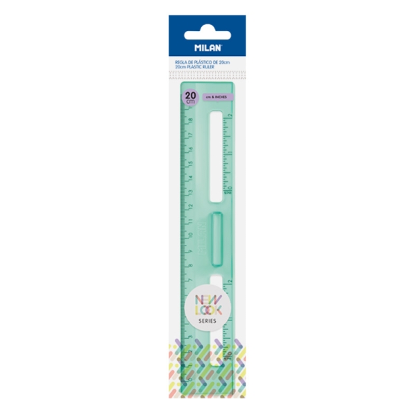 Milan New Look Regla de 20cm - Plastico Rigido - Transparente - Centimetros y Pulgadas - Color Verde