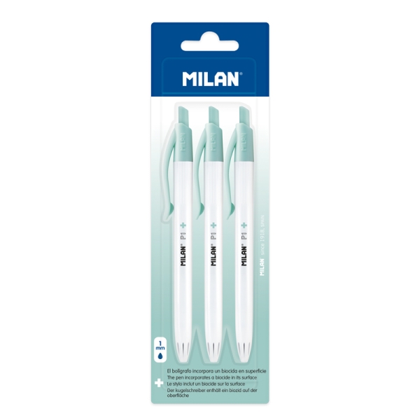 Milan P1 + Pack de 3 Boligrafos de Bola Retractiles - Tinta Azul - Punta Redonda 1mm - Superficie Antibacteriana - Color Blanco