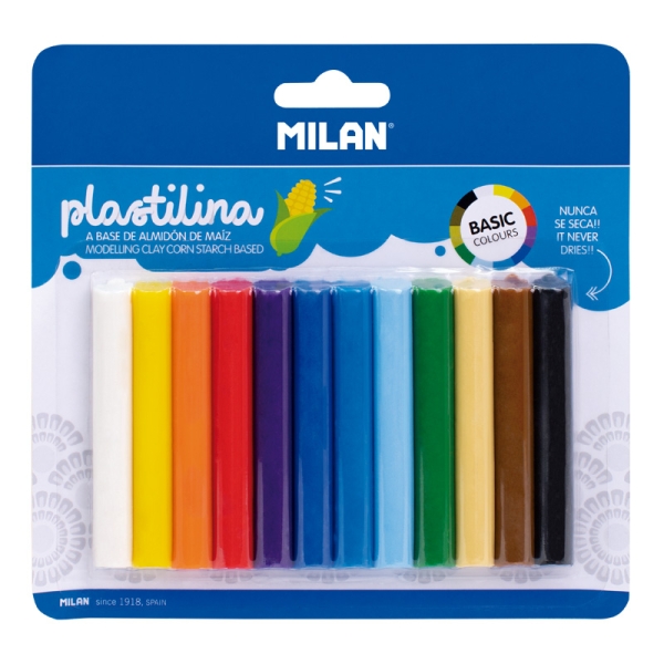 Milan Pack de 12 Barritas Plastilina de Colores - 100% Vegetal - Muy Moldeable - No Se Seca - Colores Mezclables - 140g - Colores Surtidos