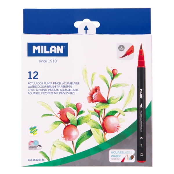 Milan Pack de 12 Rotuladores Acuarelables - Tinta al Agua - Punta de Pincel 0.5 a 6mm - Colores Surtidos