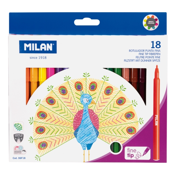 Milan Pack de 18 Rotuladores - Tinta al Agua - Punta Fina 2mm - 154mm - Colores Surtidos