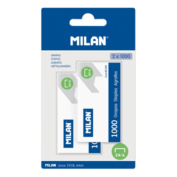 Milan Pack de 2000 Grapas - 2 Cajas en Blister - Formato 24/6 - Color Gris