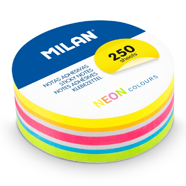 Milan Pack de 250 Notas Adhesivas - Colores Neon - Redondas - 67mm - Colores Surtidos